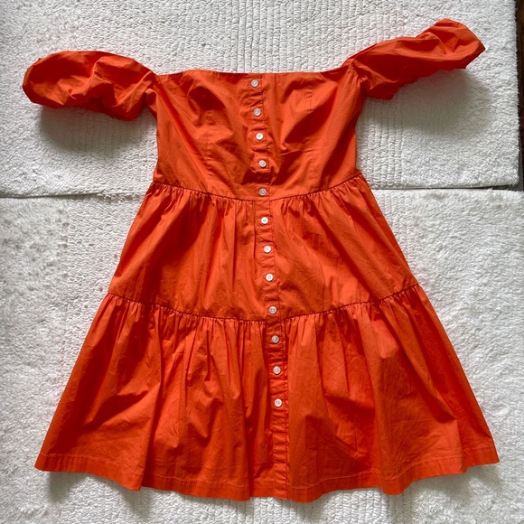 Staud Elio Off the Shoulder Mini Dress Women's Size 8 Orange Button Front Lined - Picture 7 of 16